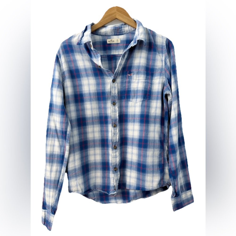 Hollister Men’s M Plaid Shirt Blue Red Button Front Long Sleeve Casual